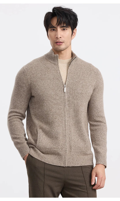 New 100% pure cashmere sweater sweater coat men's semi-high-necked zipper cardigan floral yarn padded warm coat