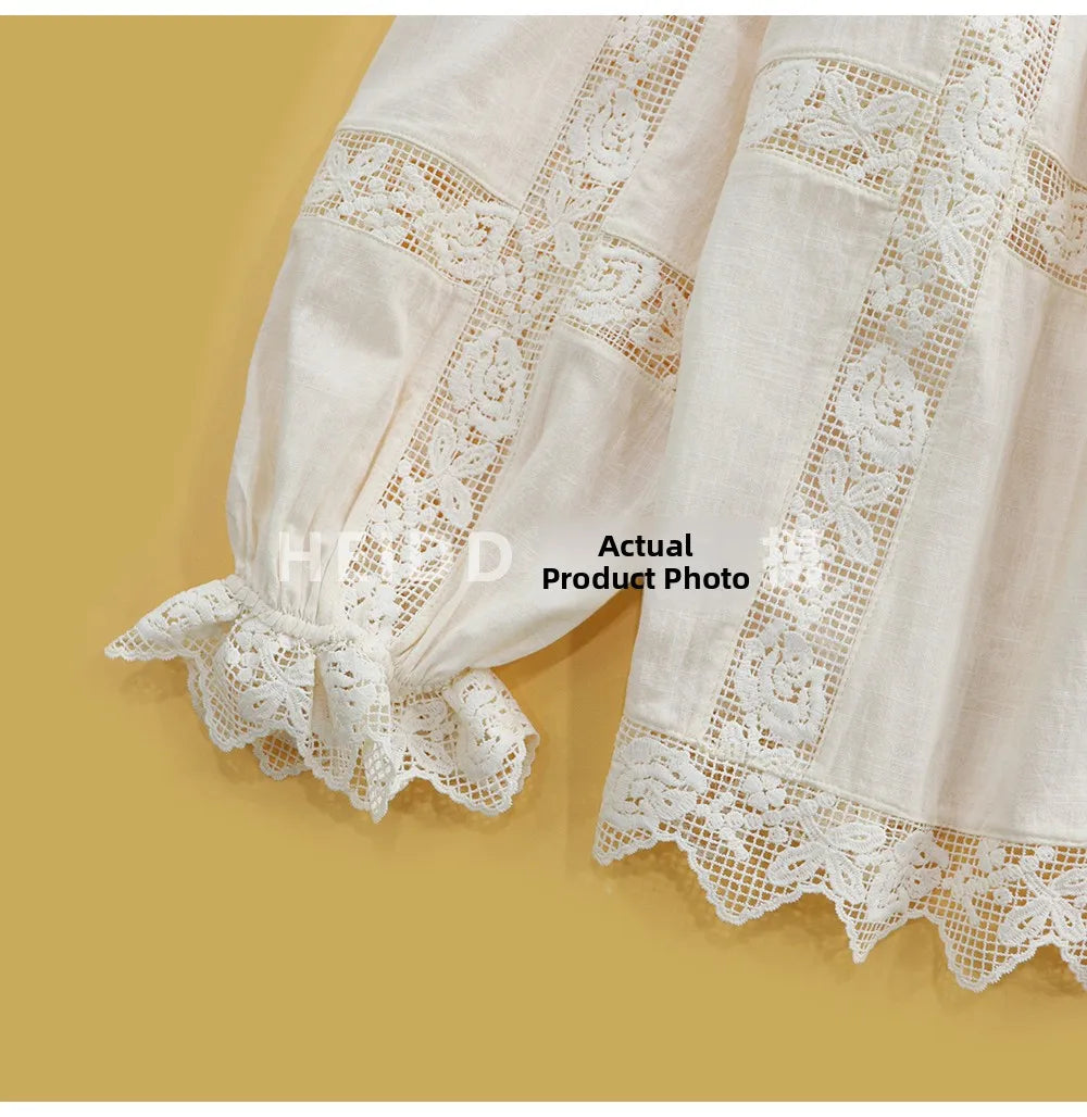 HEIDD Gentle Wave Collar Embroidered Heavy Work Loose Shirt Women's Spring 2026 Breathable Long Sleeve Cotton Gentle Style