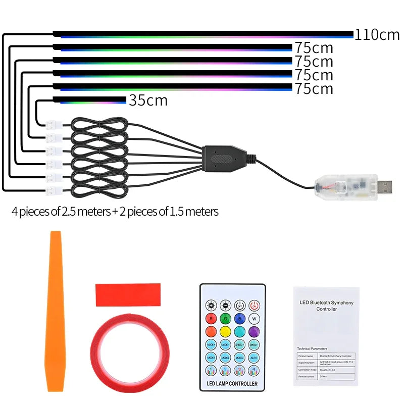 5V USB RGB Symphony Car Ambient Light 1/6/10 in 1 Interior Acrylic LED Strip Light Decoration Atmosphere Lamp By APP Control