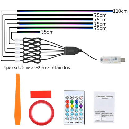 5V USB RGB Symphony Car Ambient Light 1/6/10 in 1 Interior Acrylic LED Strip Light Decoration Atmosphere Lamp By APP Control