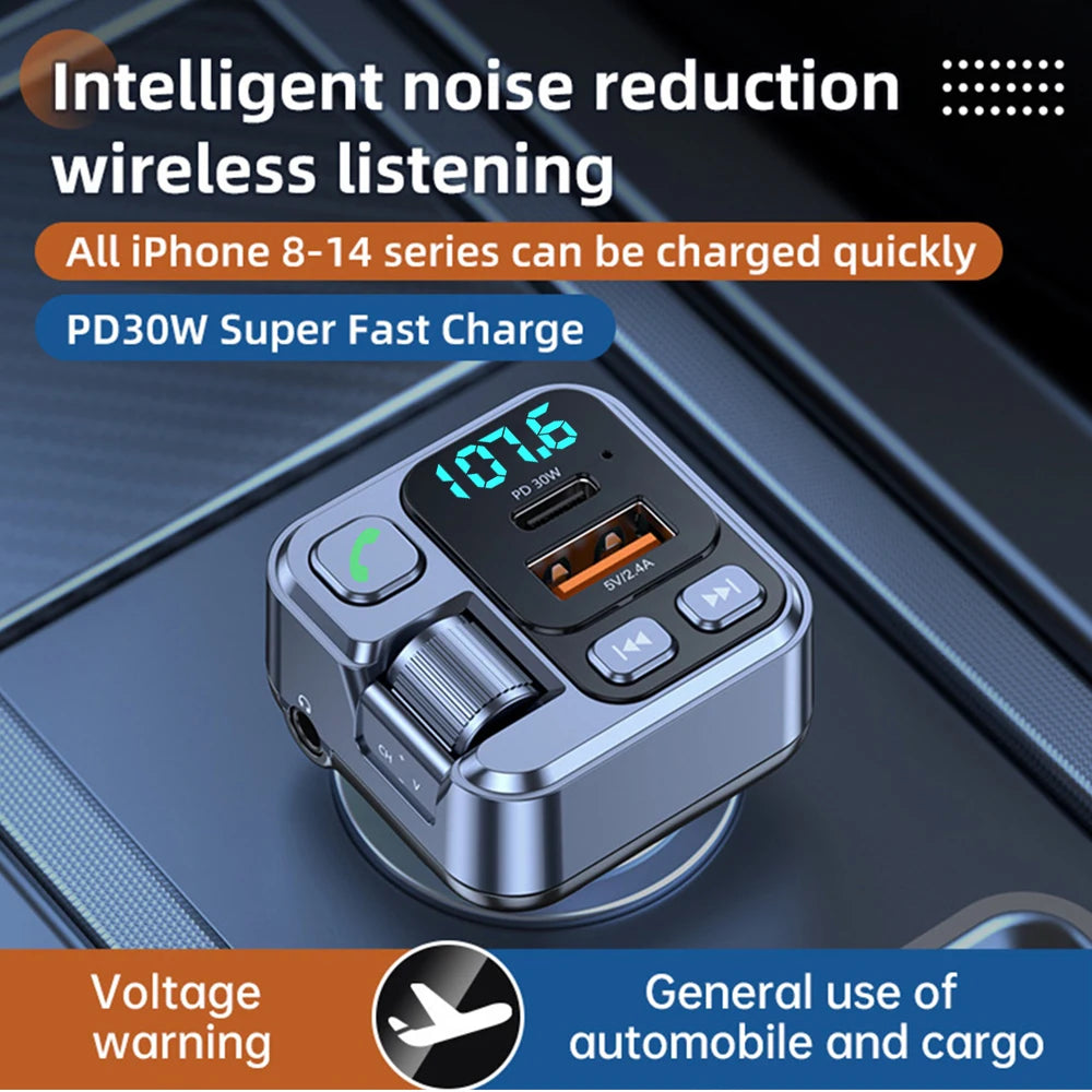 All-in-One Car Bluetooth Adapter - PD20W Fast Charger, USB U Disk Reader, Digital Display & FM Transmitter for Phones