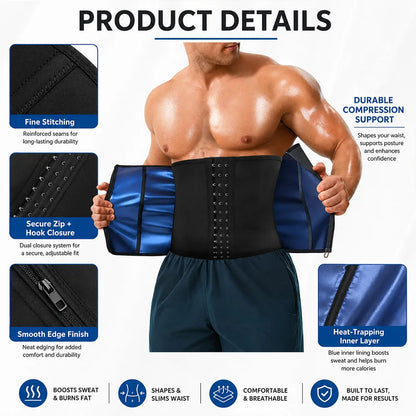 Men Waist Trainer Sauna Sweat Belt Stomach Shaper for Weight Loss with Hooks and Zipper Workout Fat Burning Waist Trimmer Belt