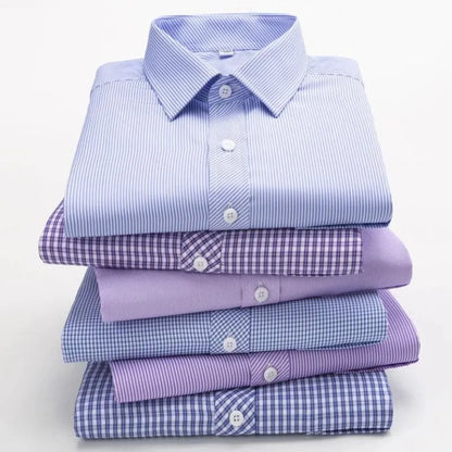 Men's Business Casual Shirts Purple Blue Cotton Regular Fit Long Sleeve Classic Plaid Striped Checked Social Work Dress Shirts