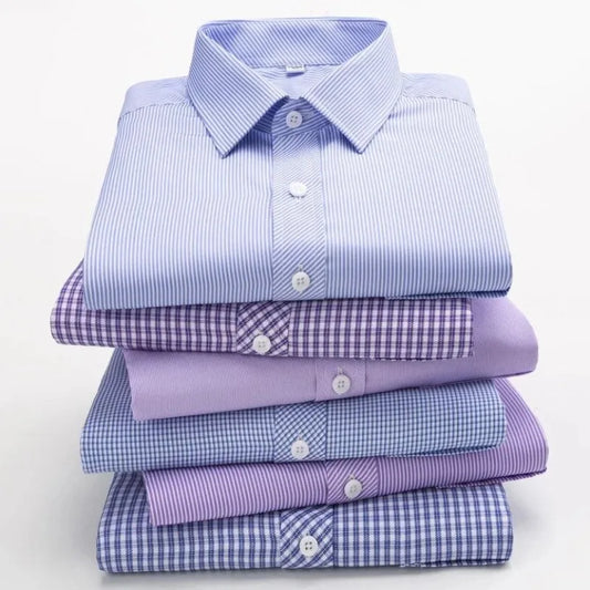 Men's Business Casual Shirts Purple Blue Cotton Regular Fit Long Sleeve Classic Plaid Striped Checked Social Work Dress Shirts