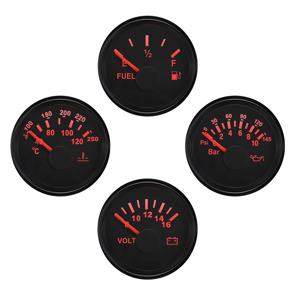 Universal 4 Gauge Set 52mm Water Temp Oil Pressure Fuel Level 0-190 240-33 ohm Meter Voltmeter with Backlight for Car Boat 12V