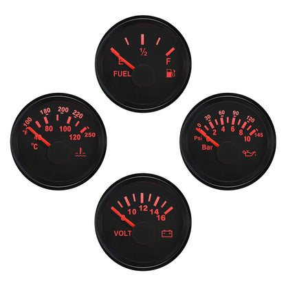 Universal 4 Gauge Set 52mm Water Temp Oil Pressure Fuel Level 0-190 240-33 ohm Meter Voltmeter with Backlight for Car Boat 12V