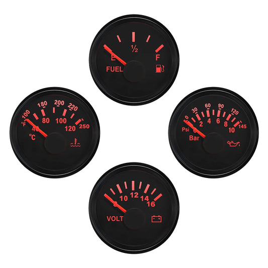 Universal 4 Gauge Set 52mm Water Temp Oil Pressure Fuel Level 0-190 240-33 ohm Meter Voltmeter with Backlight for Car Boat 12V