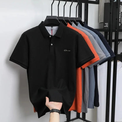 Brand 100%pure cotton short sleeve polo shirt men's new fashion letter embossed business casual solid color summer lapel T-shirt