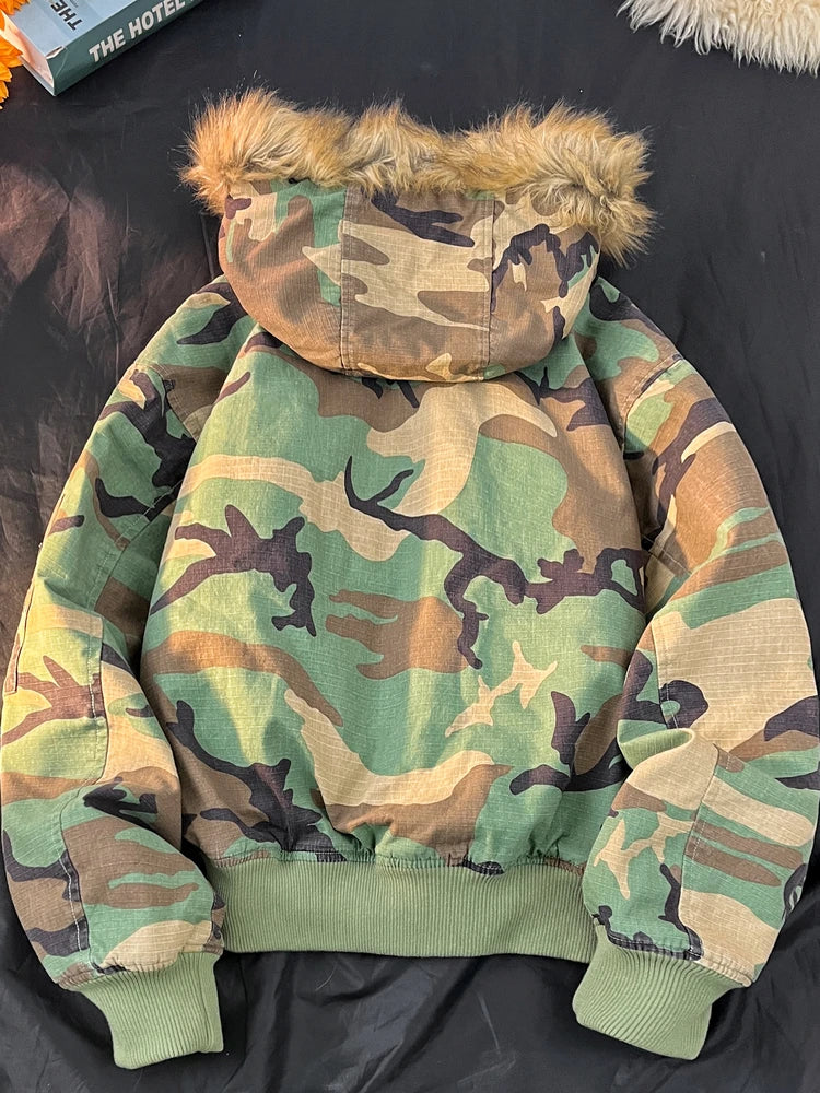 Thickened Faux Rabbit Fur Collar Camouflage Hooded Jacket Cotton Padded Coat for Men And Women Double-Sided Wear Youth Style