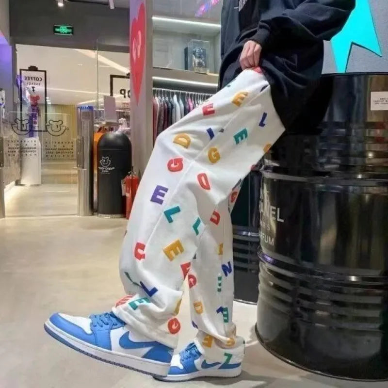 Men's Plus Size Printed Pants Loose Fit Korean Style Sports Joggers Autumn Casual Long Trousers Big Size Fashion for Daily Wear
