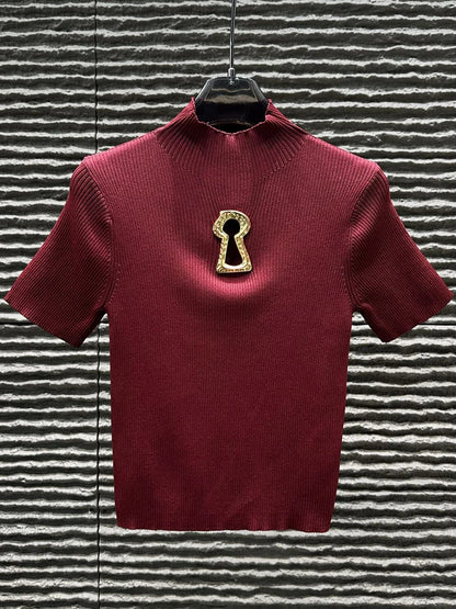TWOTWINSTYLE Hollow Out Spliced Metal Buckle T Shirts For Women Turtleneck Short Sleeve Minimalist Slimming T Shirt Female 2025