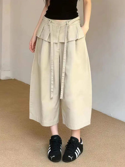 Summer New Korean Style Khaki Design Casual Pants Women plus Size Loose Slimming Nine Points Trousers High Waist Straight Leg