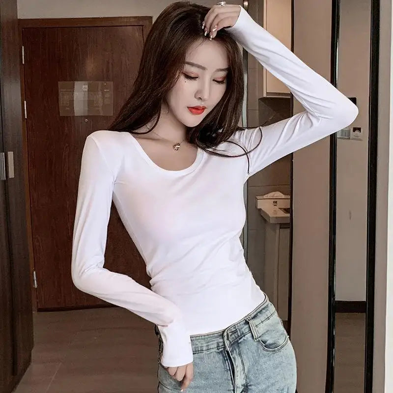 Women's Slim Fit Long Sleeve round Neck T-Shirt Base Layer Shirt Inner And Outer Wear Autumn Style Commute Korean Version