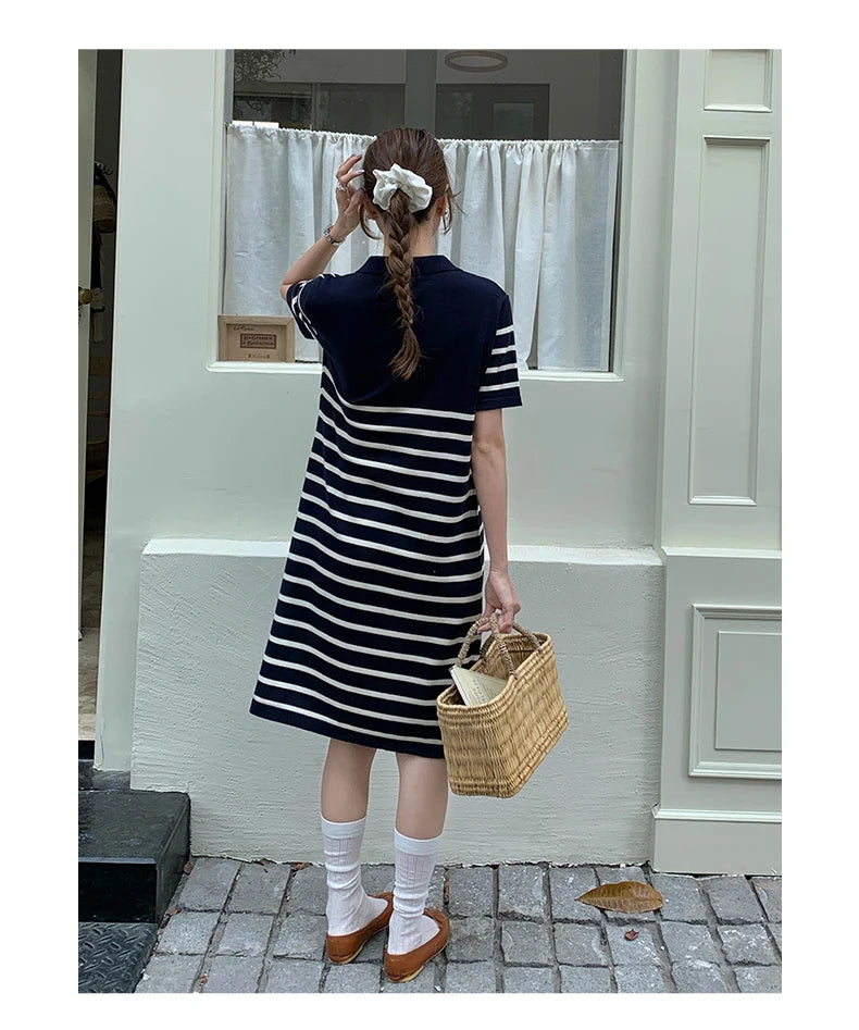 new Korean striped dress for women's summer, pure cotton straight tube mid length skirt