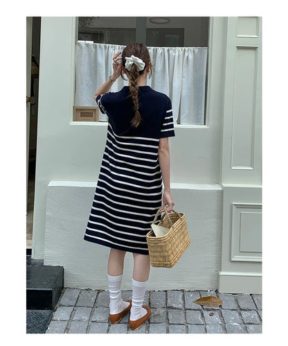 new Korean striped dress for women's summer, pure cotton straight tube mid length skirt