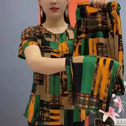 Summer 2025 Ice Silk Loose Fit Short Sleeve round Neck Two Piece Set for Middle-Aged And Elderly Casual Style Comfortable Wear