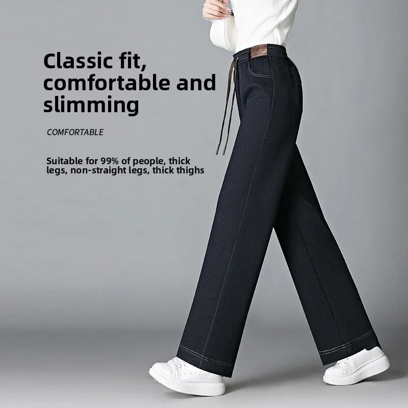 High Waist Fleece Lined Thick Wide Leg Jeans Women's Casual Straight Leg Pants Autumn Winter Loose Fit Comfortable Trousers