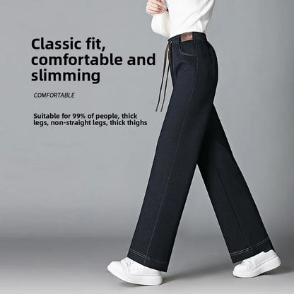 High Waist Fleece Lined Thick Wide Leg Jeans Women's Casual Straight Leg Pants Autumn Winter Loose Fit Comfortable Trousers