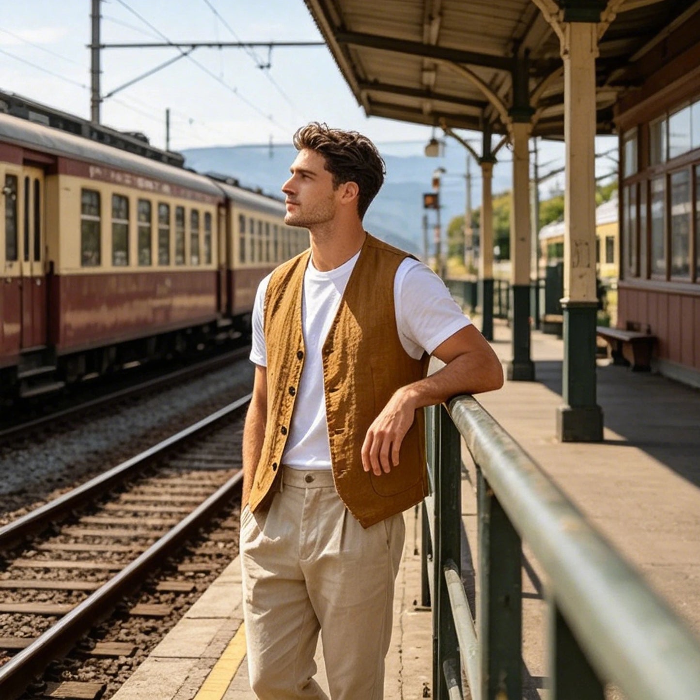 Men's Casual Linen Vest V-Neck Sleeveless Waistcoat Summer Lightweight Breathable Solid Color Button Up Vest For Daily Vacation