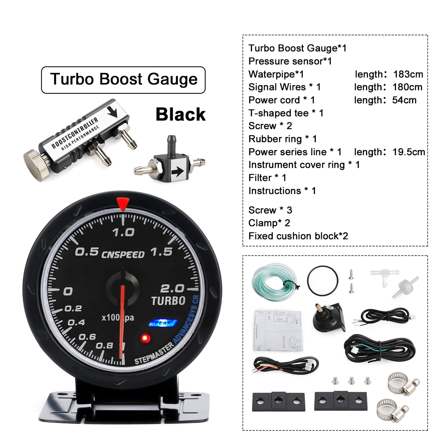CNSPEED 60MM Car Turbo Boost gauge + Adjustable Turbo Boost Controller Kit 1-30 PSI IN-CABIN Car Gauge Car Meter