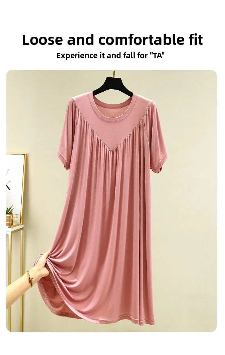 Loose plus Size Sp Dr Modal Women's Summer Thin Home Gown Skirt Sle round Ne ort Sve Long Dr Korean Sle