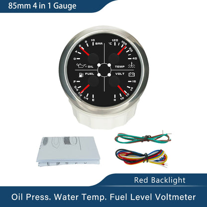 ELING Waterproof 85mm 4 in 1 Gauge Oil Pressure Water Temp Fuel Level Voltmeter with Light Alarm for Car Boat Yacht