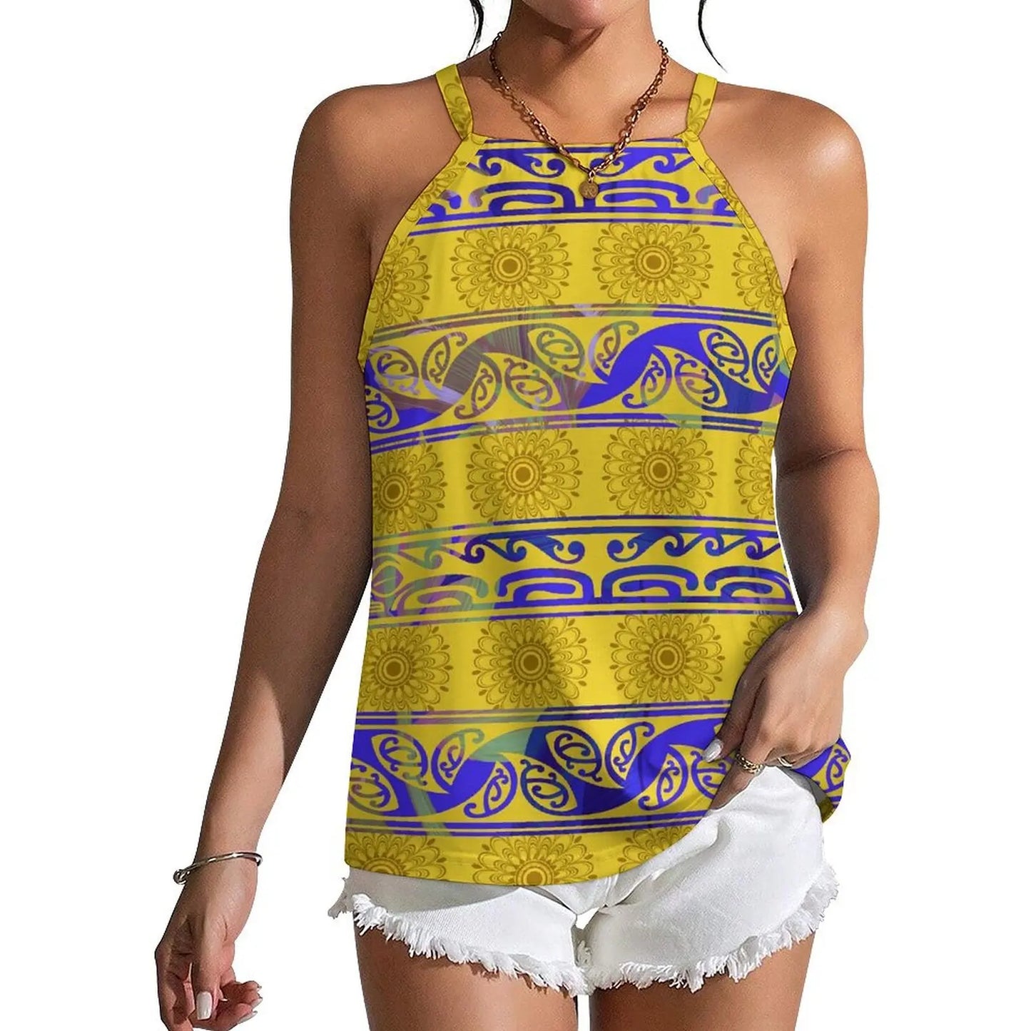 Custom Wholesale Women Summer Halter Everyday Casual Wear Polynesian Style Fiji Island Print Custom Design Strapper Vest