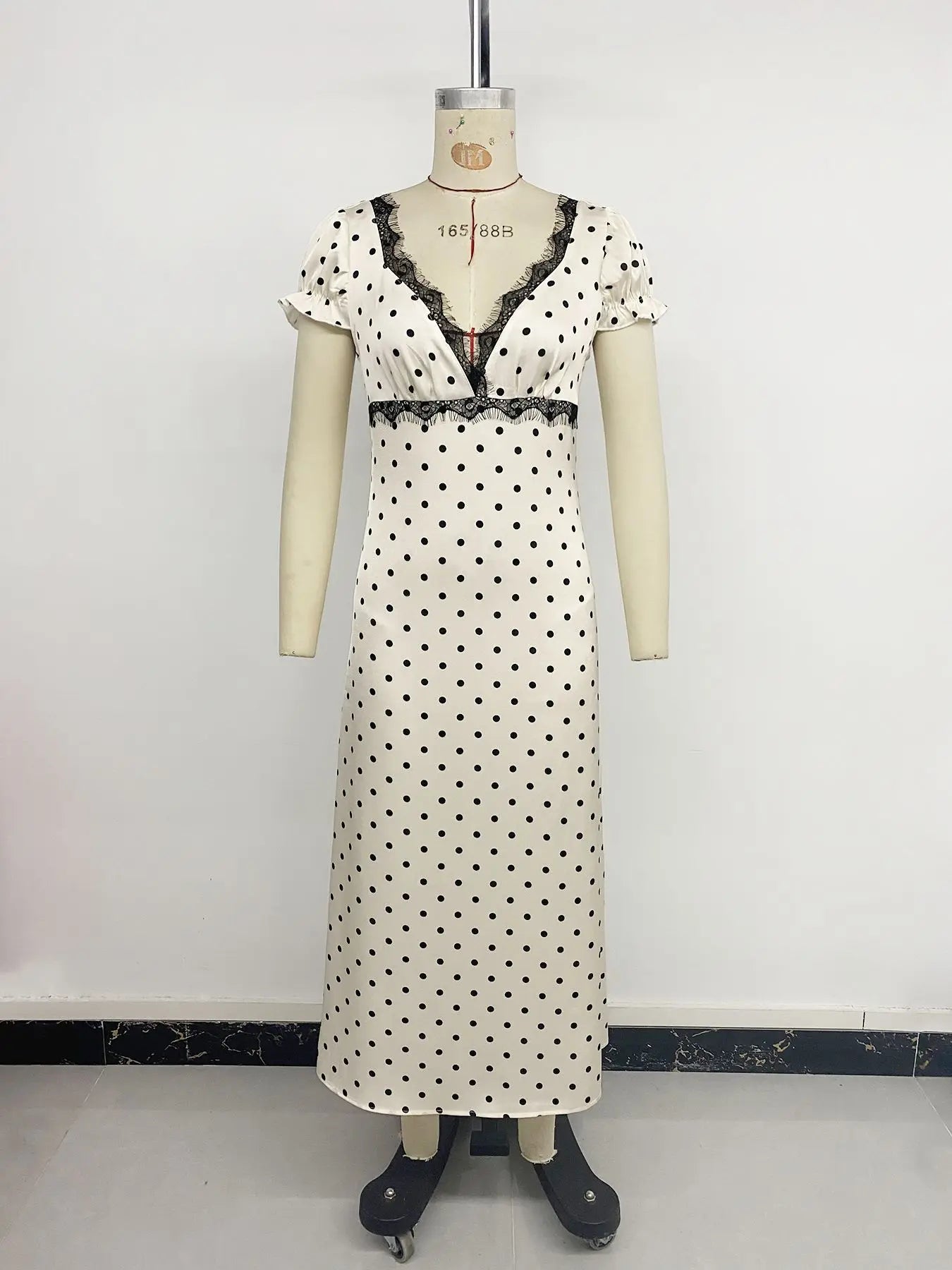 Women's Summer French Vintage Polka Dot Dress Sexy V Neck Lace Trim Short Sleeve Long Maxi Dress Vacation Beach Outfit 2026