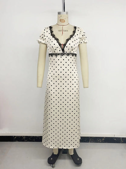 Women's Summer French Vintage Polka Dot Dress Sexy V Neck Lace Trim Short Sleeve Long Maxi Dress Vacation Beach Outfit 2026