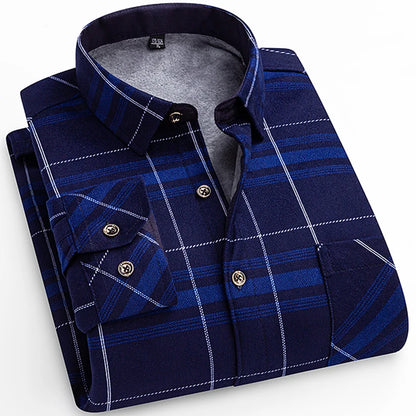 Winter Warm Shirt For Man Thickened Flannel Plaid Casual Menswear Long Sleeve Plus Fleece Big Size Regular Fit Smart Dress Shirt