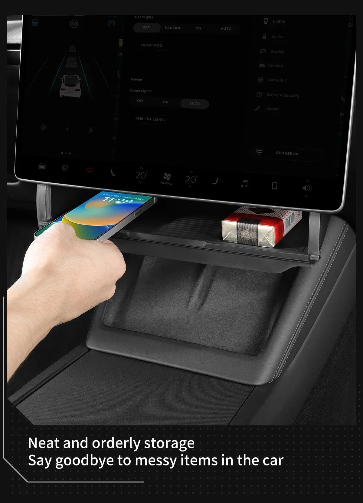For Tesla Model Y Juniper 2025 Accessories Under-Screen Storage Organizer Box Center Console Screen Protect Trim Charge Pad Mat