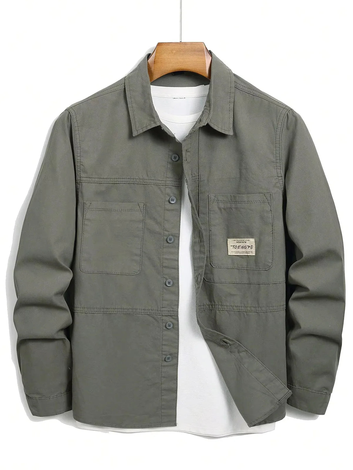 Men's Vintage Army Green Casual Denim Shirt, 100% Cotton Long Sleeve Lapel Work Shirt with Pockets