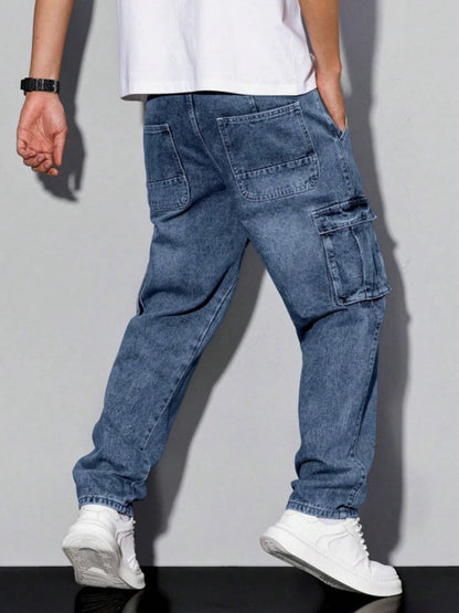 Men's Blue Cargo Jeans Spring New Multi-Pocket Loose Fit Denim Pants Streetwear Hip Hop Casual Versatile Daily Fashion Trousers