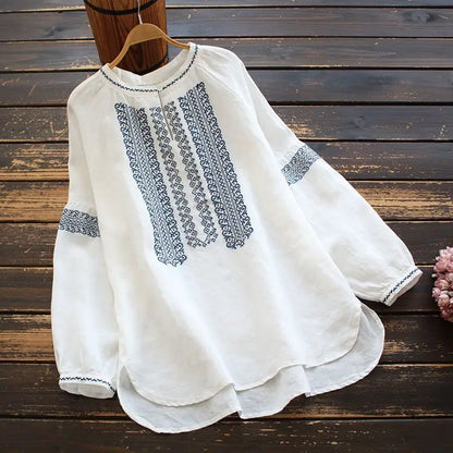 Retro Embroidered Cotton Linen Long Sleeve Women's Shirt Thin Top Large Size Cotton Linen Long Sleeve T-Shirt Commute Wear