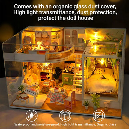 DIY Wooden Doll House Casa Miniature DollHouses Duplex Apartment Model Kits With Furniture LED Lights For Friends Birthday Gifts