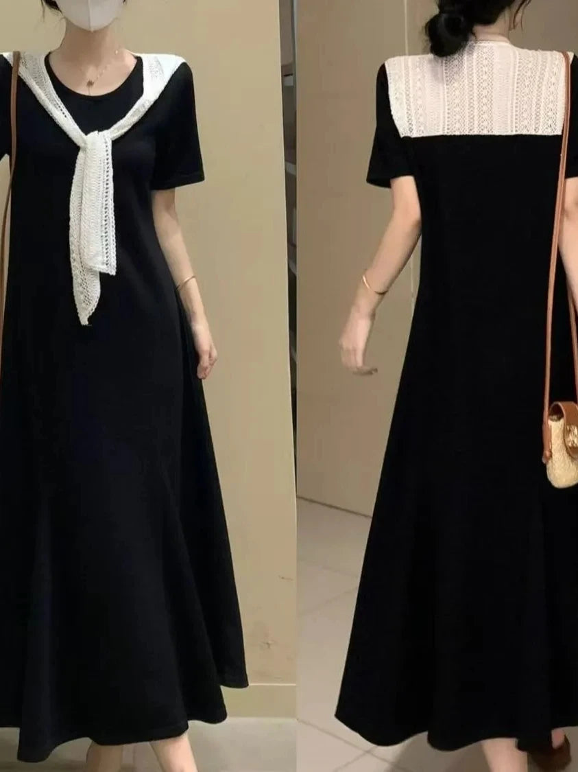 Naval Collar Lace Trim Slimming Long Dress French Style Loose Fit Mommy's Summer Dress mid Waist Design Casual  Knot