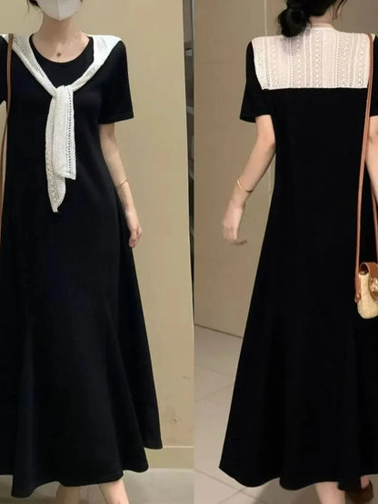 Naval Collar Lace Trim Slimming Long Dress French Style Loose Fit Mommy's Summer Dress mid Waist Design Casual  Knot