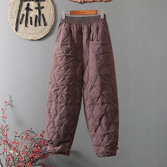 2025 Winter Faion Diamond Pattern Cotton Pants Women Loose Large Size Dad Boot Pants Thi Warm Outerwear Trousers