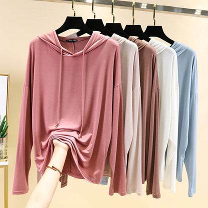 Spring Summer New Modal Long Sleeve Hoodie T-Shirt Women plus Size Loose Base Shirt Slimming Sun Protection Top Korean Style