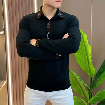 Men’s Casual Long Sleeve Polo Shirt Slim Fit with Embroidery Autumn Turn Down Collar Top Versatile Daily Outfit