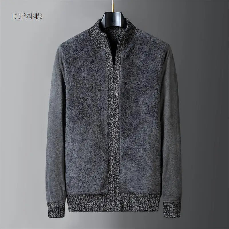 Wool Liner Argyle Jumper  Jacken Korea Khaki Black Fleece Thicken Warm Winter Zipper Sweater Men Cardigan Knitted Clothing