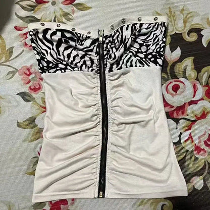 Retro Hottie Slim Strapless Vests American Subculture Leopard Stitching Tanks Tops Punk Harajuku Zipper Design Women's Sexy Vest