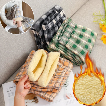 Shearling Lined Plaid Pants Women Winter High Waist Flared Trousers Straight Leg Warm Fleece Thermal Bottoms for Women Casual