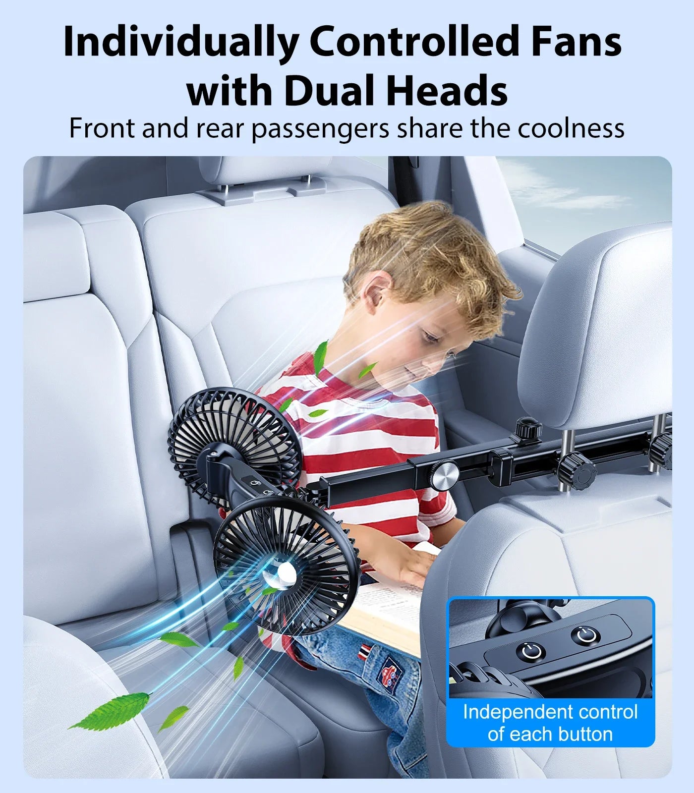 Hipacool Battery Dual Head Fan for Car Backseat with Retractable Long Arm USB Rechargeable Car Seat Headrest Cooling Fan