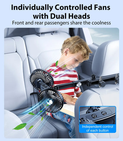 Hipacool Battery Dual Head Fan for Car Backseat with Retractable Long Arm USB Rechargeable Car Seat Headrest Cooling Fan