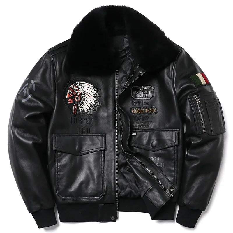 New Wool Collar Indian Embroidery Sheepskin Coat Genuine Leather Jacket Men's  Air Force Cloth Flight Jackets Clothes