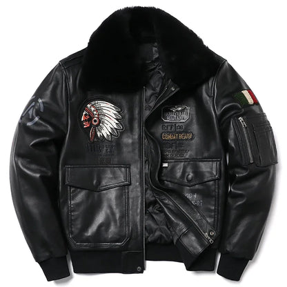 New Wool Collar Indian Embroidery Sheepskin Coat Genuine Leather Jacket Men's  Air Force Cloth Flight Jackets Clothes