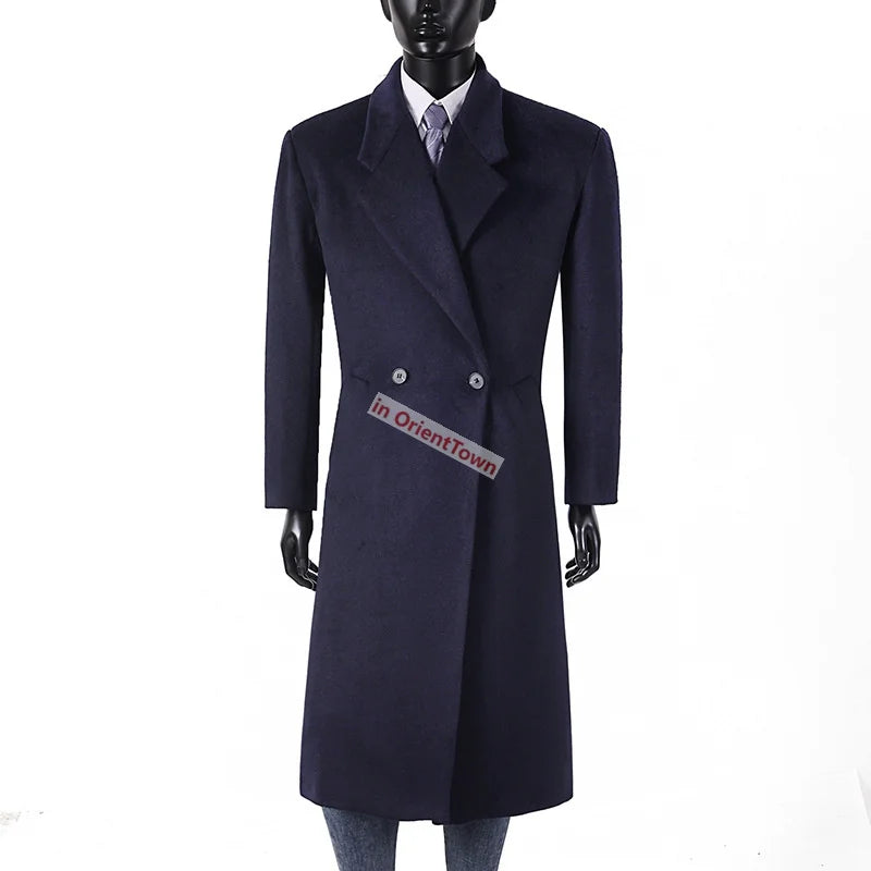 Extra Long British Trench Slim Fit Woolen Coat for 170 kg Men Elongated Handsome Over Knee Windbreaker Black Casual Thick Coat