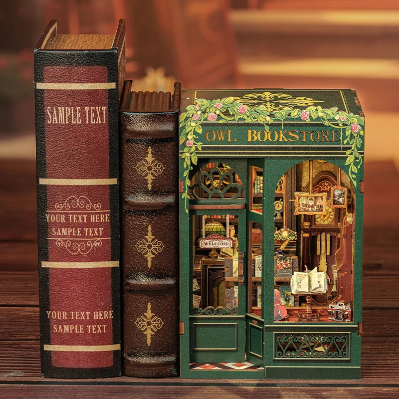 CUTEBEE DIY Book Nook Miniature Wooden Dollhouse with Lights Bookshelf Insert Kit 3D Bookend Decor Toys for Gifts Owl Bookstore