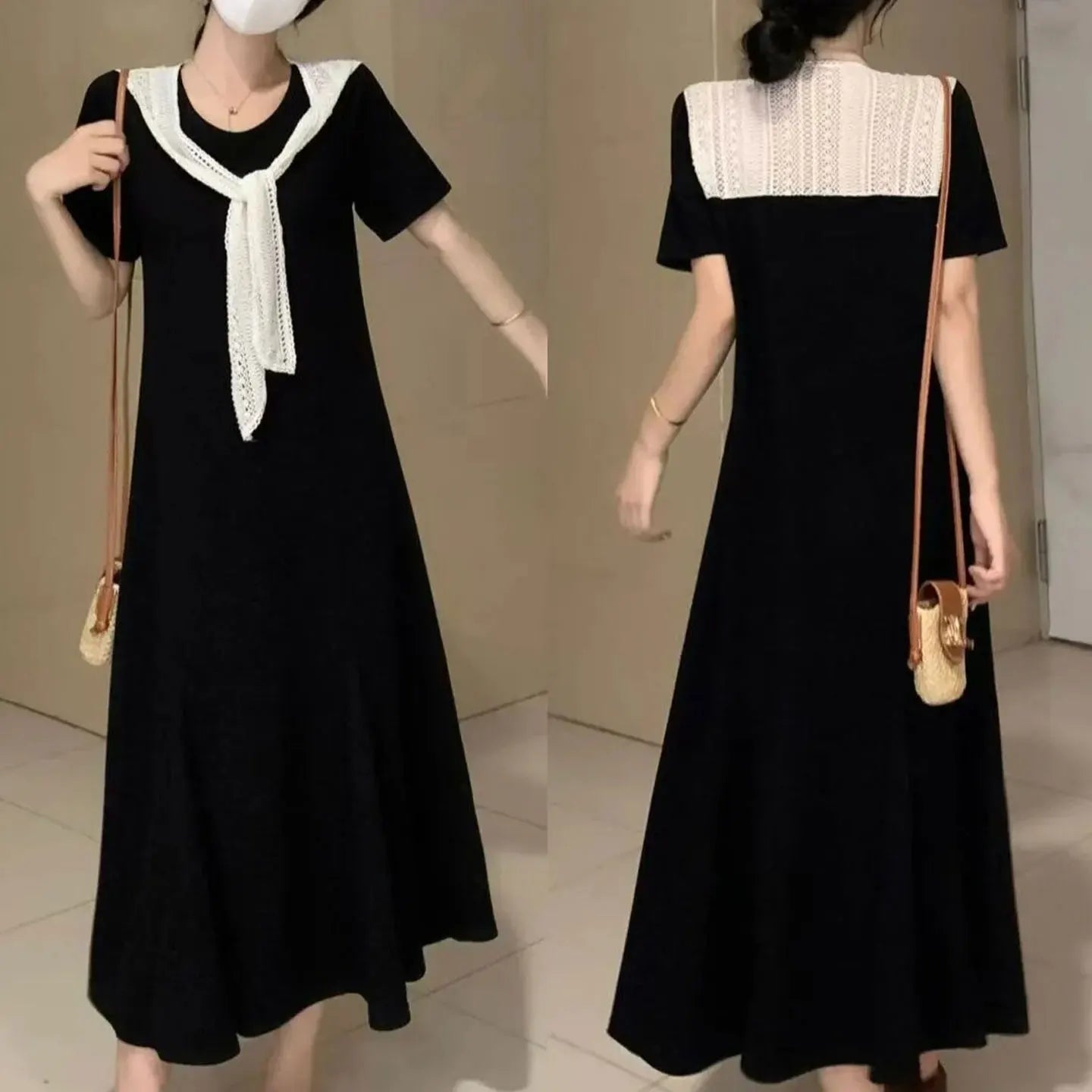 Naval Collar Lace Trim Slimming Long Dress French Style Loose Fit Mommy's Summer Dress mid Waist Design Casual  Knot
